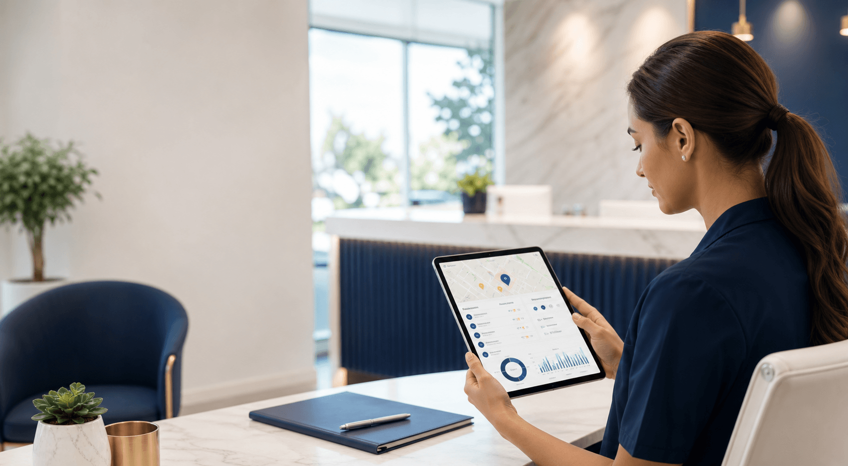Healthcare practice team member reviewing local visibility analytics on a tablet